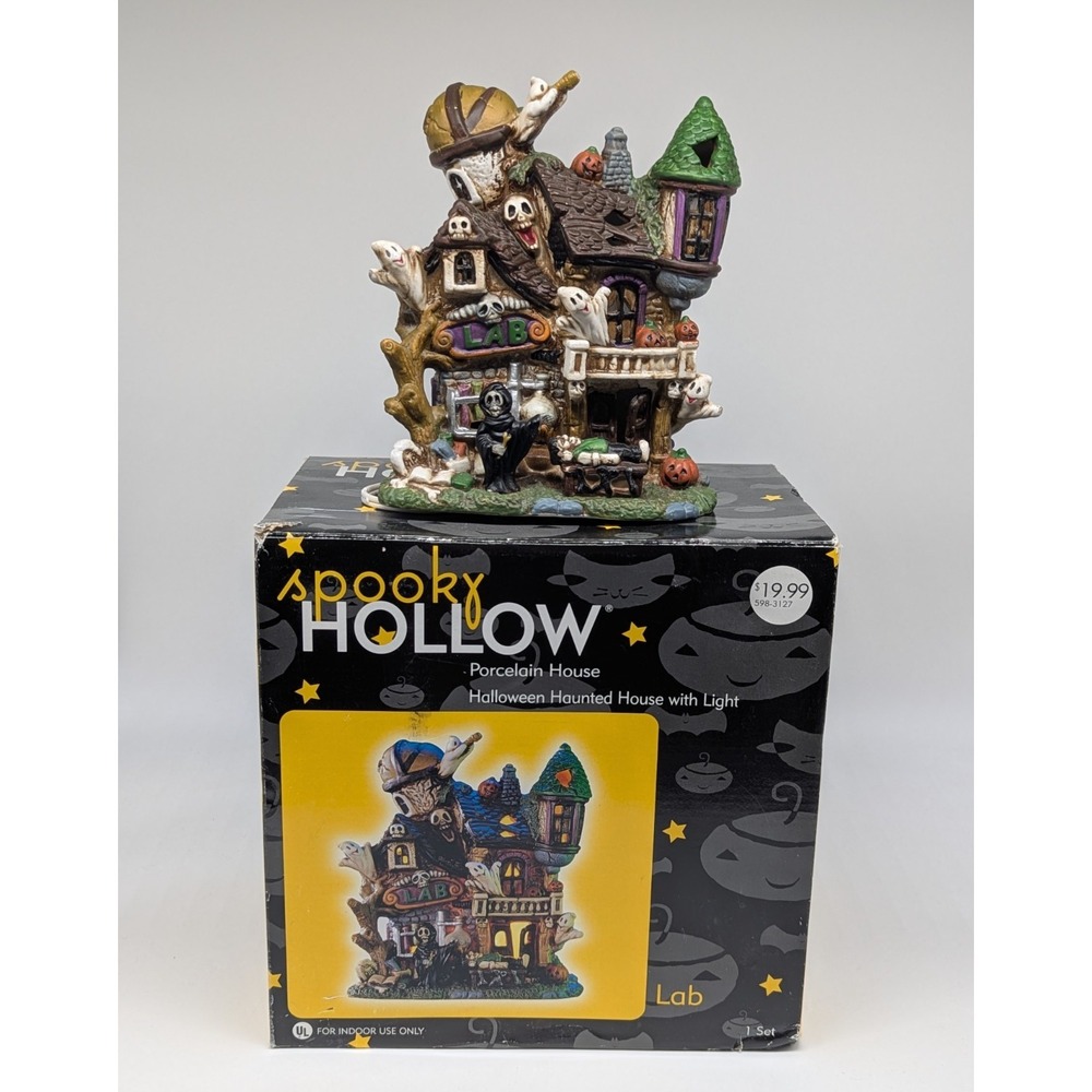 Vtg Spooky Hollow Lab Porcelain Halloween Village Lighted Town Joann Haunted